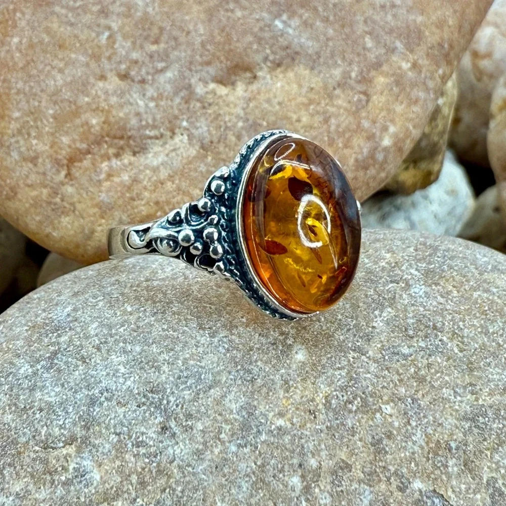 Vintage Cognac Baltic Amber Sterling Silver Filigree Ring Size 6